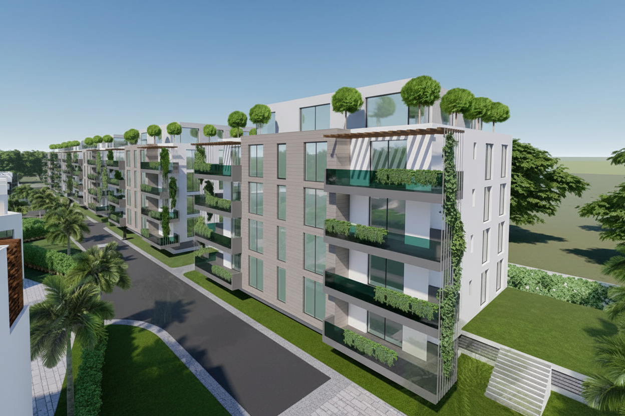 Amba Gardens apartment block with green roof gardens and modern architectural design