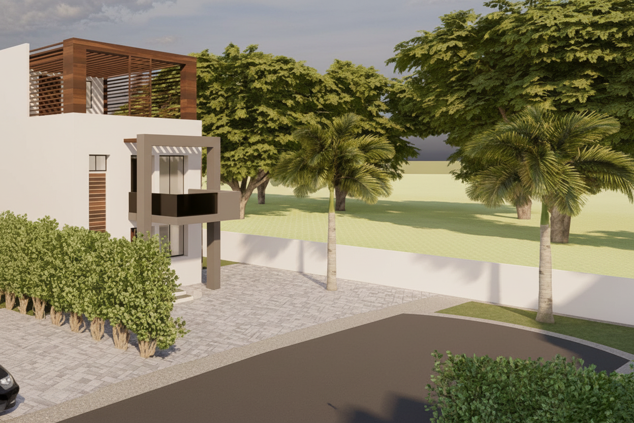 Amba Gardens townhouse exterior with lush garden landscaping